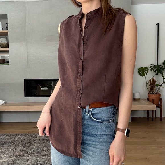 current Tops - 100% linen sleeveless Button-Front Brown blouse m-l
